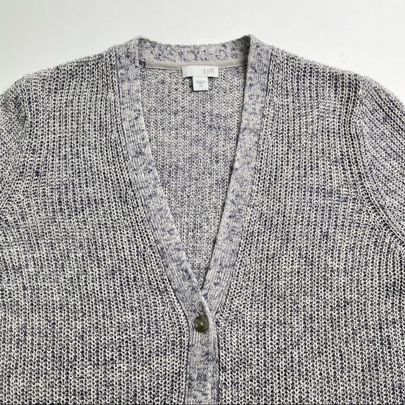 J. Jill Heathered Grey Blue Single Button Linen Blend Knit Cardigan Sweater Top - Picture 4 of 12